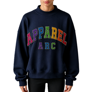 High Quality Oversized <b>Navy</b> Blue Sweatshirts Custom Logo Embroidery Style <b>Top</b> Cotton Varsity Applique Print For Women's Hoodies - Product Image 1
