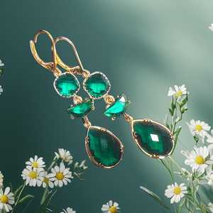 Green Emerald Drop Earrings Framed Handmade 925 Sterling <b>Silver</b> 14K Gold Plated Gemstone Jewelry Gift For Women - Product Image 1