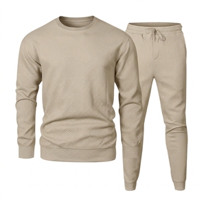 Ensemble de survêtement pour homme à col rond, couleur unie, manches longues, en polyester, vêtements décontractés, coupe régulière, pantalon à cordon de serrage, automne - Product Image 1