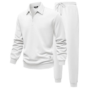 Survêtement en coton blanc pour homme, sweat-shirt à demi-zip avec pantalon à cordon de serrage, couleur unie, style décontracté, coupe classique, style printemps - Product Image 1