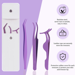 Ensemble de 3 pinces à cils de qualité supérieure, revêtement coloré, poignée solide et antidérapante pour extensions de cils, avec étui en cuir PU - Product Image 2