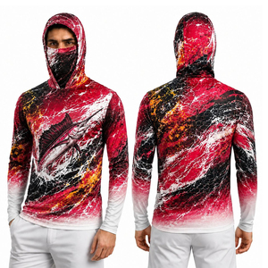 Men's Heat-Transfer Printed Breathable Waterproof Fishing Hoodie Long Sleeve UPF 50 Anti-Uv Sun Protection Shirt Red Black - Product Image 5