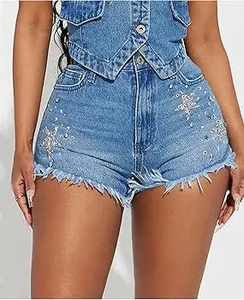 Shorts en jean décontractés pour femmes de qualité supérieure avec une taille haute confortable, en denim extensible doux, construction classique avec poches - Product Image 3