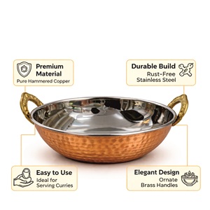 กระทะทองแดงตีขึ้นรูปพร้อมด้ามจับทองเหลือง |   กระทะเสิร์ฟสเตนเลสสตีลสำหรับใช้ภายใน |   ถาดเสิร์ฟอาหารอินเดียแบบดั้งเดิม/ถาดเสิร์ฟแกงกะหรี่ ขนาด 27 ซม. - Product Image 2