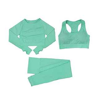 Ensemble de yoga 3 pièces pour femme : Soutien-gorge de sport dos nageur, Crop top et Legging long, Noir uni, Respirant, Sans couture, Tenue de sport - Product Image 2