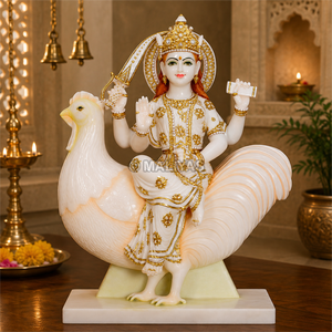 Marble Bahuchara Mata Statue-21 Inch | White Marble Bahuchara Devi Murti on Rooster | Handcrafted Hindu Idol | MALIYAS - Product Image 1