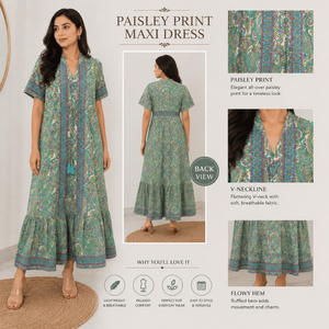 Premium Silk Maxi <b>Dress</b> Gown Free Size Ibiza Boho Mint Lavender Paisley Print with Flutter Sleeves for Women Beach Vacation Wear - Product Image 4