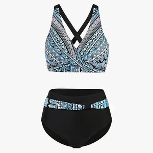 Conjunto de bikini para mujer, Top con cuello en V profundo, parte inferior de cintura alta, traje de baño con estampado geométrico, ropa de playa de dos piezas - Product Image 5
