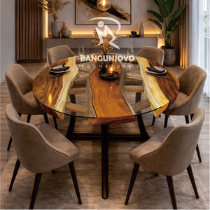 Mesa de Comedor Redonda de Madera Suar con Cubierta de Vidrio Templado, 6 Sillas, Construcción de Madera Sólida, Diseño Contemporáneo para Uso Doméstico y Comercial - Product Image 1
