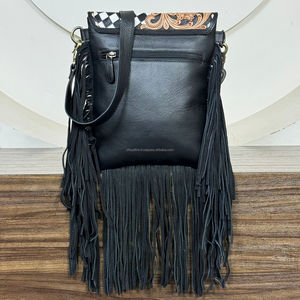 Western Handmade Tooled Leather Checkerboard Design Hair On Cowhide Fringe Crossbody <b>Handbag</b> Boho Shoulder Bag Purse for Women's - Product Image 5