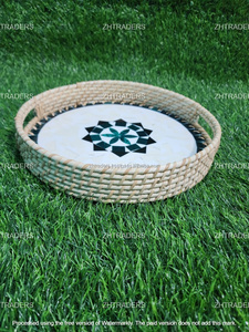 Elegante juego de bandejas redondas de ratán con incrustaciones de concha de nácar, trabajo artístico hecho a mano para uso en el hogar, cafetería y hotel - Product Image 6