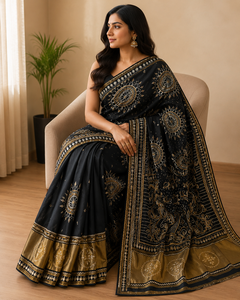 Sari de Seda Moonga Morado de CHOHAN TEXTILE, Largo hasta el Suelo, Sin Arrugas, de Secado Rápido, con Protección Solar, Borde Dorado Zari, Estilo Vintage para Bodas y Fiestas - Product Image 3