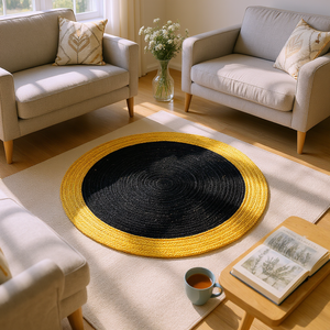 Handcrafted Black <b>Round</b> <b>Jute</b> Area <b>Rug</b> with Natural Tan Border-Modern Boho Braided Flatweave Carpet - Product Image 1