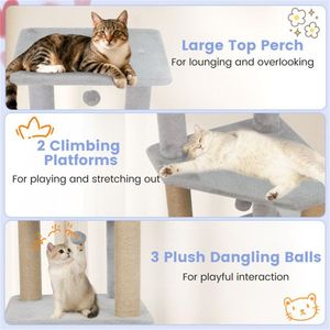 Torre per Gatti Grigio Chiaro da 64 Pollici con Posti Sdraiarsi in Peluche, 3 Palline Pendenti, Tiragraffi in Juta e Dispositivo Anti-Ribaltamento per Ambienti con Più Gatti - Product Image 6