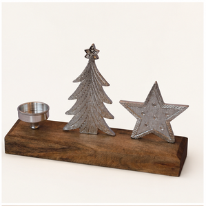 Handmade Silver Aluminum Christmas Tree And Star <b>Tea</b> <b>Light</b> Candle Holder On Mango Wood Base Festive Holiday Table Centerpiece - Product Image 5