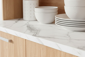 Meuble de cuisine moderne en mélamine Essence K204 avec plan de travail en marbre blanc, panneau de particules écologique, résistant à l'eau, 2 tiroirs en acrylique - Product Image 3