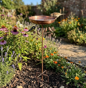 Meilleur Bain d'oiseaux élégant et respectueux des oiseaux pour jardin, en métal, bol en cuivre avec support en fer, couleur noire, fait main - Product Image 1