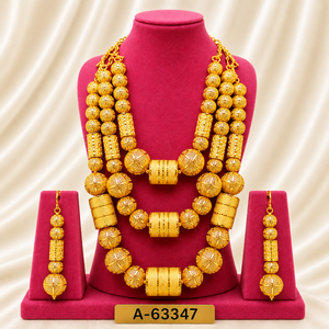 24K Gold Plated Ethnic Jewelry <b>Set</b> Necklace Earrings Women's Wedding A-63349 - Product Image 2