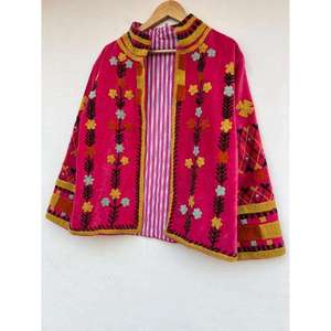 <b>Women</b> Boho Suzani Embroidered Velvet <b>Jacket</b> Pink Floral Open Front Stand Collar Ethnic <b>Vintage</b> Autumn Outerwear - Product Image 2