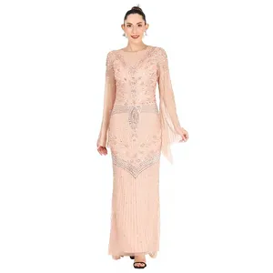 Robe longue maxi vintage style Gatsby des années 1920, couleur nude, paillettes, tulle brodé à la main, robe de bal, robe de mariée - Product Image 1