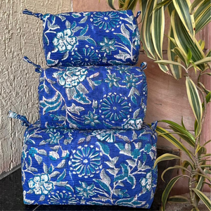 Blue Floral Quilted Cotton Cosmetic Bag Set Hand Block Print Toiletry <b>Makeup</b> Stationary Jewellery Craft <b>Storage</b> Travel Gifting - Product Image 1