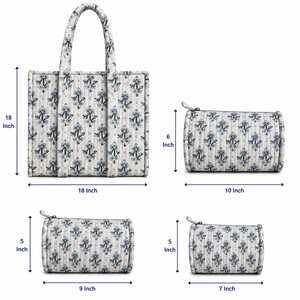 Ensemble de sacs fourre-tout en coton réutilisables à motif floral matelassé élégant et vintage, fermeture ouverte, 16x16 pouces, pochettes assorties pour la plage et l'usage quotidien - Product Image 1