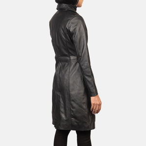 <b>Smart</b> Range Solid Breathable <b>Black</b> Long <b>Coat</b> <b>Womens</b> PU Leather Trench <b>Coat</b> Belt Closure - Product Image 2