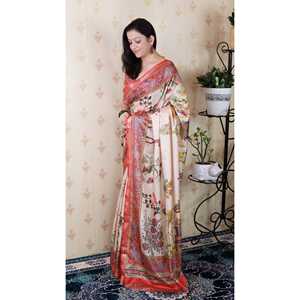 Sari Tradicional Tejido con Zari Estampado, Seda Tussar Roja, Pachititra, Blusas y Camisas para Mujer - Product Image 3