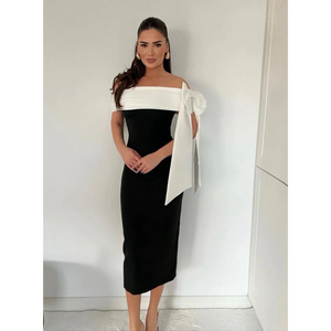 Vestido midi con lazo en contraste y hombros descubiertos o vestido de noche monocromático de corte columna para cóctel o eventos formales - Product Image 3