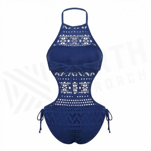 Traje de baño azul de una pieza con cuello halter para mujer, con diseño geométrico calado y lazos laterales - Product Image 2