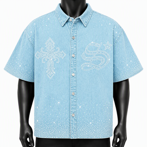Custom Men Denim Short Sleeve <b>Shirt</b> <b>Y2K</b> Rhinestone Diamond Cross Sparkle Bling Button Down Oversized Hip Hop Streetwear Top Jean - Product Image 6