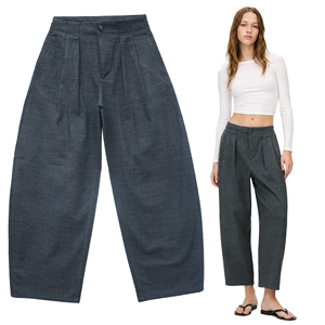 Pantalones de mujer Master Textile, teñidos con hilo, de cintura media, pierna ancha y pliegues delanteros. - Product Image 1