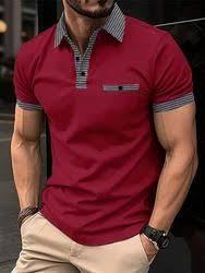 Polo de luxe pour homme bordeaux avec col contrastant à carreaux |   Vêtement rouge de qualité supérieure à manches courtes avec poignets rayés |   Moderne - Product Image 3