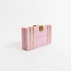 Handmade <b>Pink</b> Resin <b>Clutch</b> for Women Hard Shell Box Purse with Brass Metal Hardware & Chain Strap MODEL for Mother's Day - Product Image 2