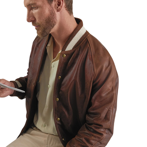 <b>Men</b>’s <b>Brown</b> Genuine <b>Leather</b> Bomber <b>Jackets</b> Striped Ribbed Collar Cuffs and Hems Zip Front Casual Premium Custom Winter Outerwear - Product Image 3