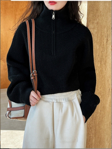 Suéter Corto de Punto para Mujer, Manga Larga, Cuello Alto, Cierre de Cremallera, Manga Farol, Color Sólido, Informal, para Invierno - Product Image 5