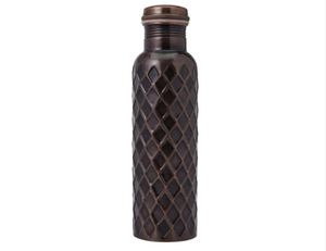 Pure Copper Double Wall Diamond Design Water <b>Bottle</b> with Straw and Handle Brown Classic Hammered Coating - Product Image 2