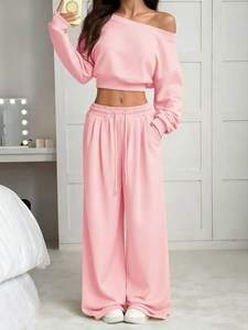<b>Pink</b> Off-Shoulder <b>Crop</b> <b>Top</b> Hoodies Custom Matching Wide Leg Sweatpants Set Casual Loose Fit Full Sleeve Solid Color Tracksuit - Product Image 5