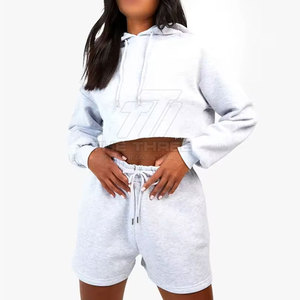 Conjunto de Sudadera con Capucha y Pantalones Cortos de Dos Piezas para Mujer, Diseño de Logotipo Personalizado, Informal, Transpirable, para Invierno, 100% Algodón - Product Image 3