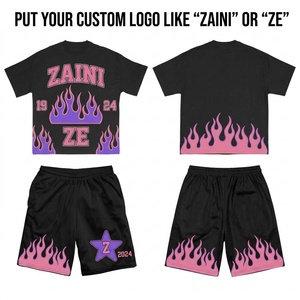 Men T <b>Shirt</b> Short Set Premium Cotton Jersey 180 GSM Black Tee Mesh Shorts Pink Purple <b>Flame</b> Graphic Custom Logo Streetwear Wear - Product Image 1