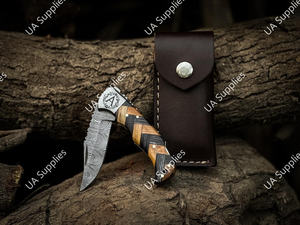 Cuchillo Plegable EDC de Acero de Damasco de Alta Calidad con Punta Caída y Mango de Madera Pakka Oliva, Venta Caliente, OEM/ODM Disponible - Product Image 4