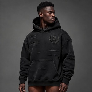 เสื้อฮู้ดดี้ผู้ชายสไตล์วินเทจแบบดิสเทรส ผ้าฟอกทรงหลวมใส่สบาย - Product Image 1