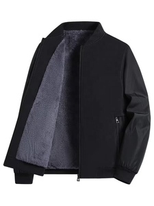 Men's <b>Black</b> Bomber Jacket <b>Fleece</b> Lined Windproof Zipper Closure Casual Solid Color Stand Collar Autumn Wear Regular Fit Front - Product Image 1
