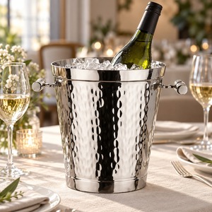 Seau à glace élégant martelé finition chrome, support pour bouteille de vin, bac à boissons, bol métallique, décoration pour hôtel, bar, fête, mariage - Product Image 1