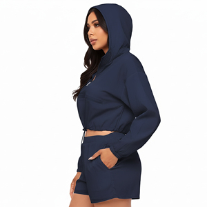 Wholesale Affordable Price Lightweight 2 Piece Crop top Jacket & Short Set 100% Nylon <b>Hip</b> Gym Wear Summer Tracksuit <b>For</b> Women - Product Image 5