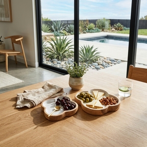 Ensemble de plateaux décoratifs en bois en forme de trèfle avec incrustation de nacre, plat blanc, plat à fruits, ornement d'intérieur, présentation de table - Product Image 4