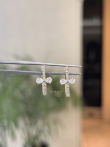 Graceful round pear lab grown diamond cross <b>huggie</b> earrings 0.85ct VVS VS EF <b>solid</b> 14 kt <b>gold</b> meaningful faith inspired jewelry - Product Image 1