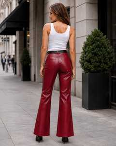 Pantalones acampanados de piel de cordero auténtica roja, pantalones de cintura alta con corte de campana - Product Image 5