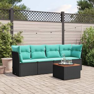 Set Divano da Esterno in Polyrattan Nero con Cuscini, 5 Posti, Arredamento da Giardino dal Design Elegante - Product Image 1