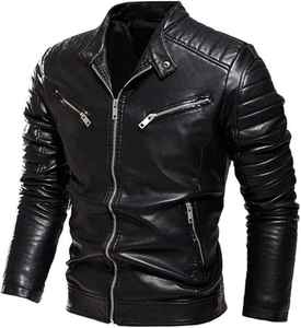 Blouson moto homme en cuir PU coupe ajustée, col montant, fermeture éclair, coupe-vent, manches classiques, couleur unie, pour l'automne - Product Image 3